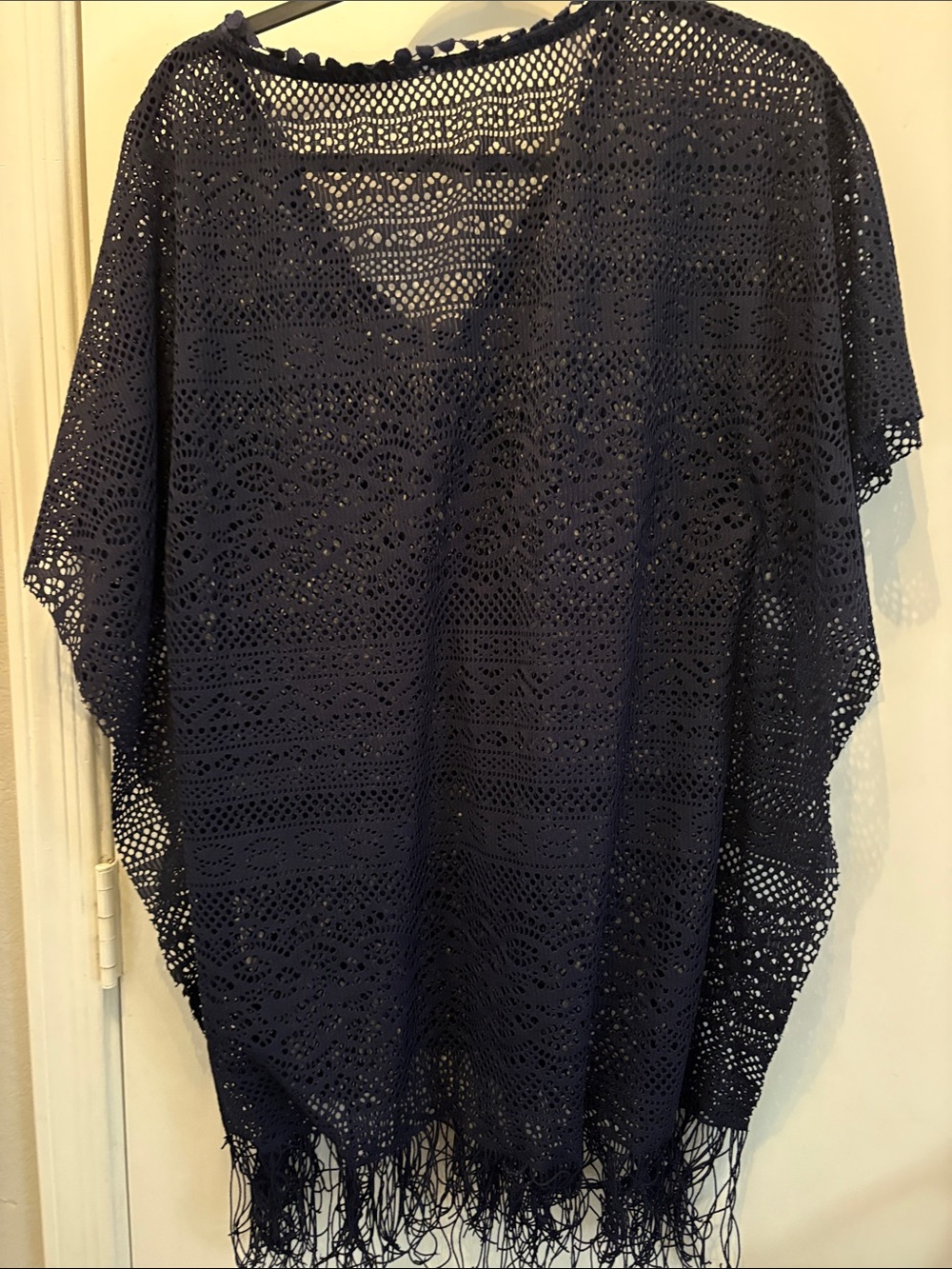 Navy Crochet Fringe Swim Cover-Up Tunic One Size - Picture 4 of 4
